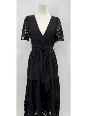 Scarlett Poppies Black Donnatella Midi Dress Cotton Lace V-Neck NWT M